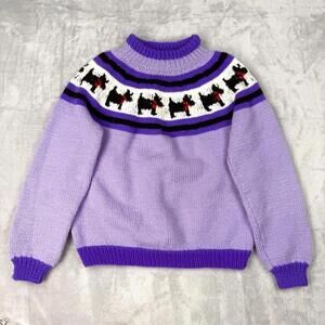 Vintage Hand Knit Purple Scottie Dog Sweater Knit Handmade Love By Nana XS 80s